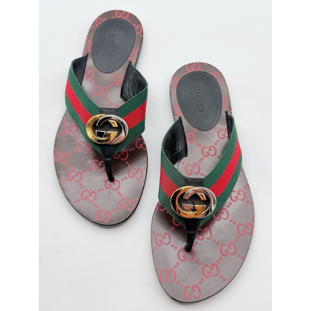 Gucci Kika GG Web Stripe Thong Sandals Black Red Flip Flop Flats EU 37.5 US 7.5 - Picture 11 of 13